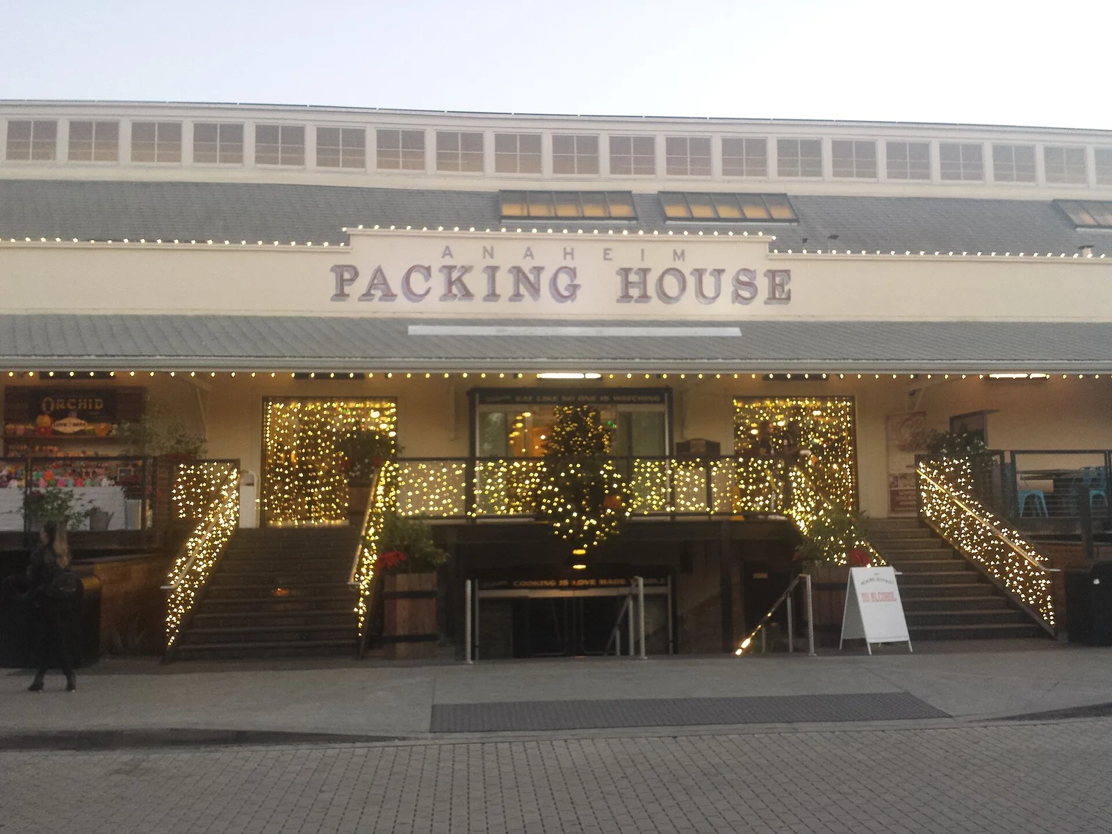 Anaheim Packing House decorated with lights at dusk in December 2019
