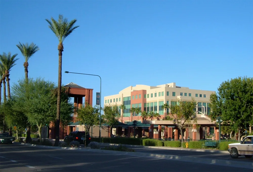 Palm trees and downtown buildings along Arizona Avenue in Chandler in 2007