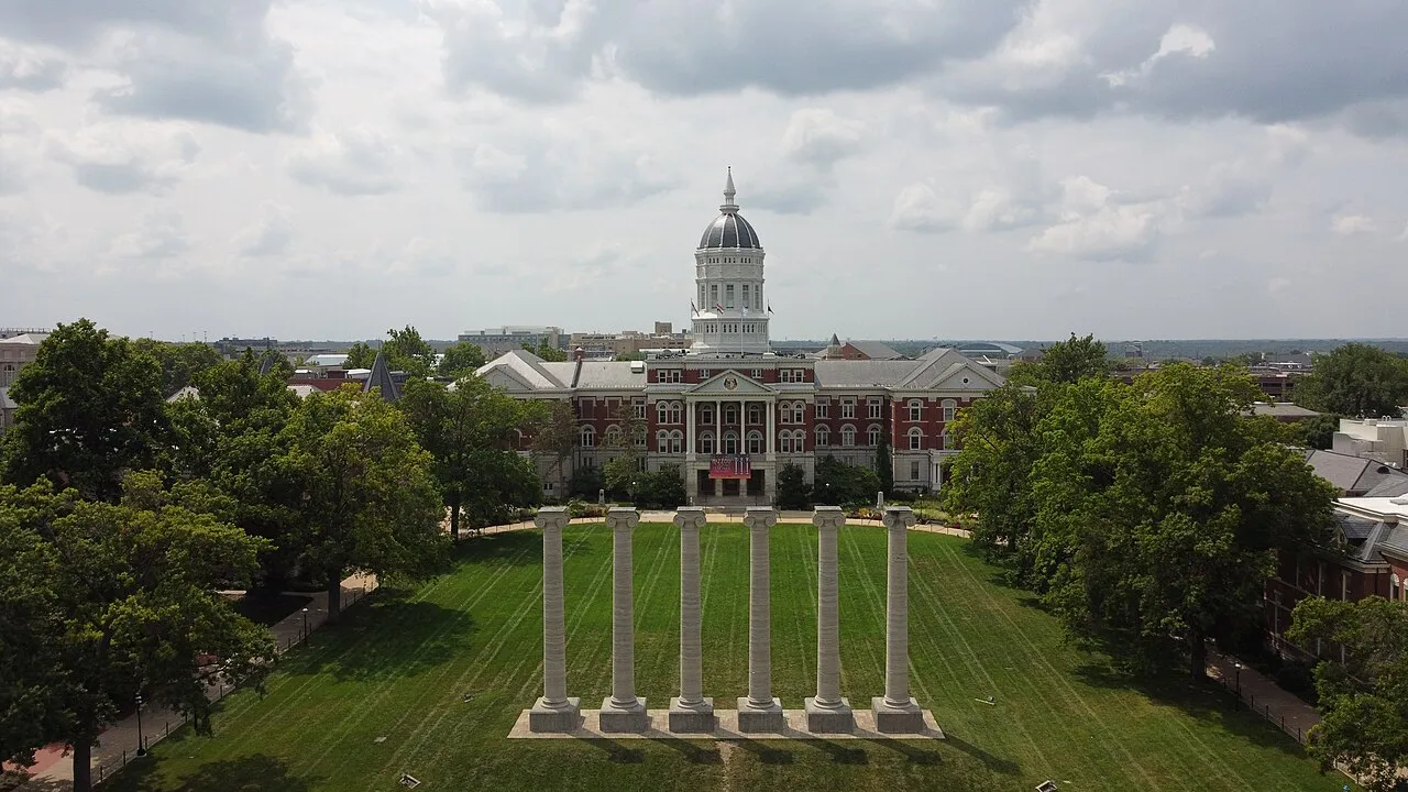 Jesse Hall and the University of Missouri campus in Columbia, photographed from above in 2021