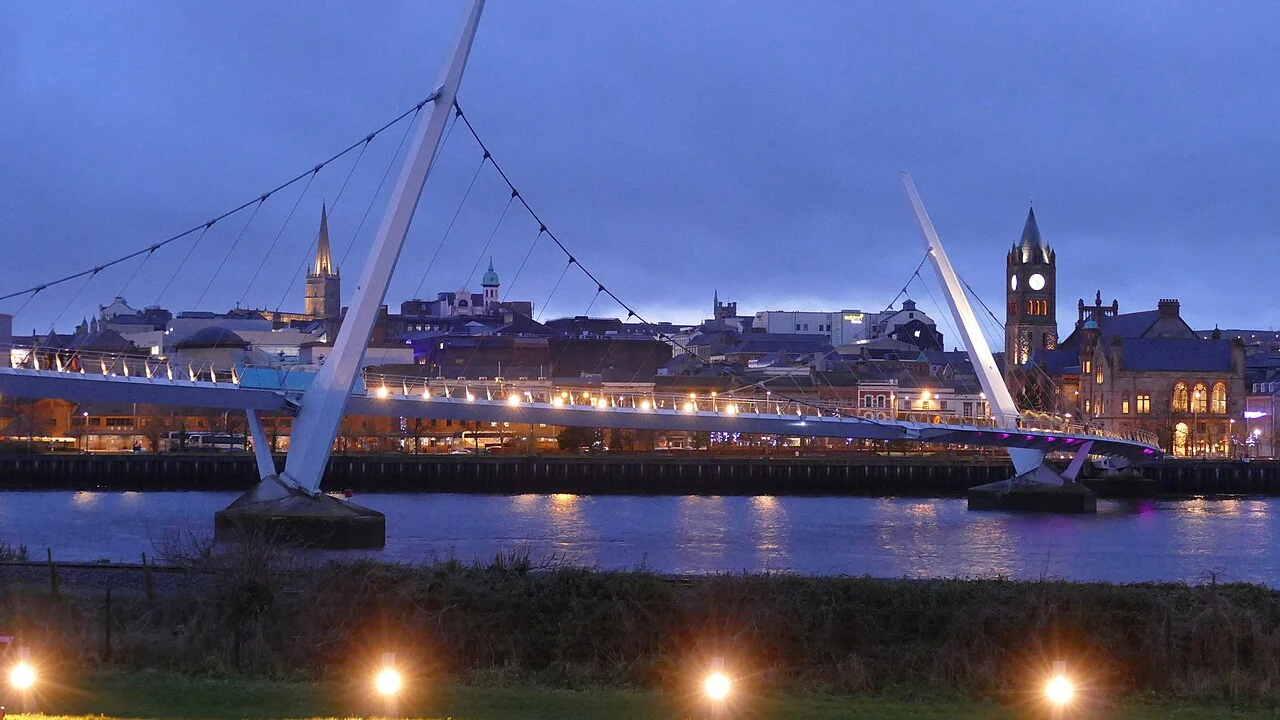Peace Bridge over the River Foyle in Derry at dusk in 2017