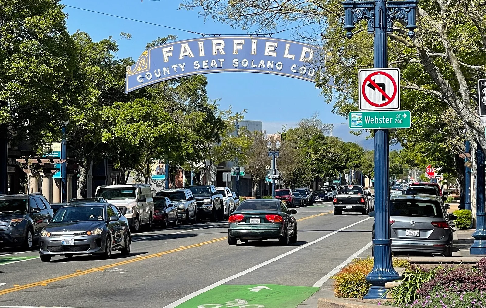Fairfield downtown arch over Texas Street in April 2023