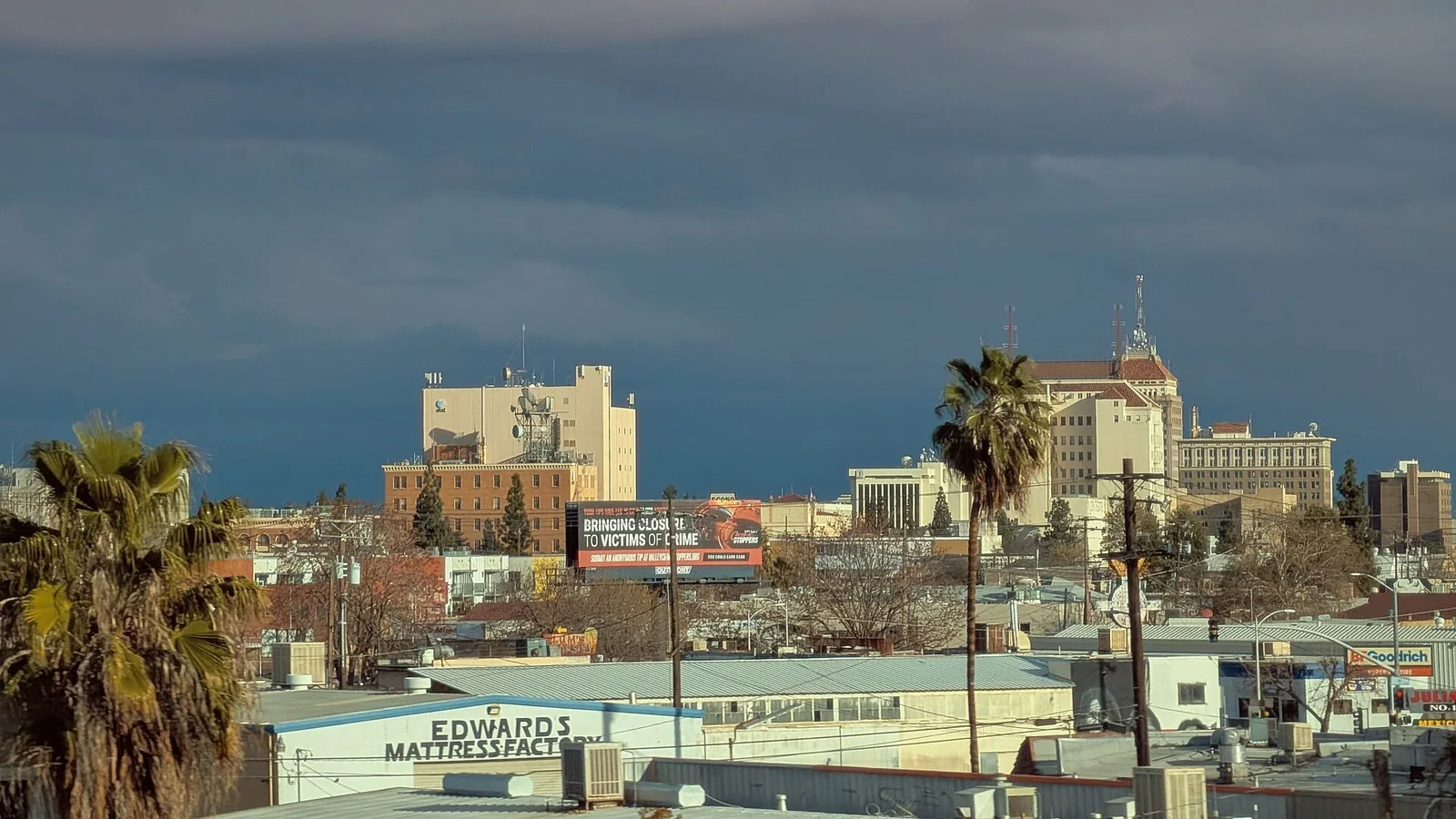 Downtown Fresno skyline with palm trees and commercial buildings in 2025