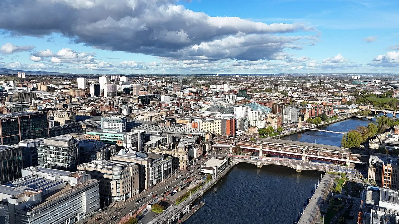 Aerial city view of Glasgow in 2025