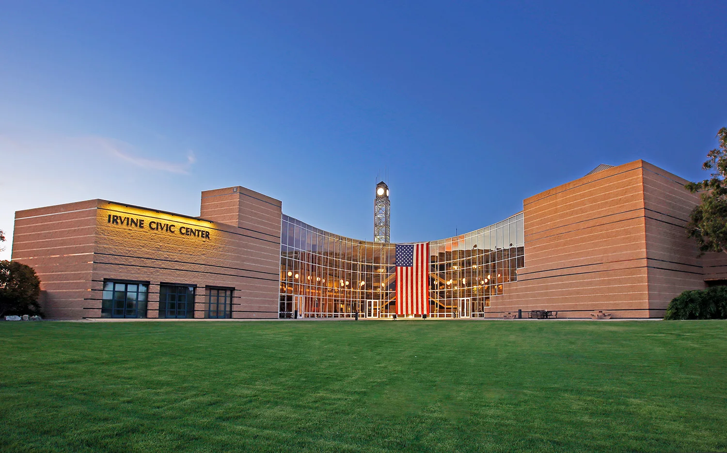 Irvine Civic Center and City Hall illuminated in the evening in 2016