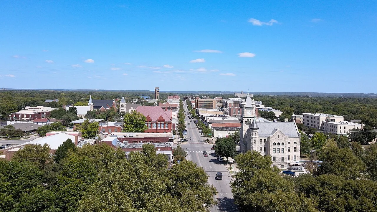 Downtown Lawrence, Kansas viewed from above in August 2025