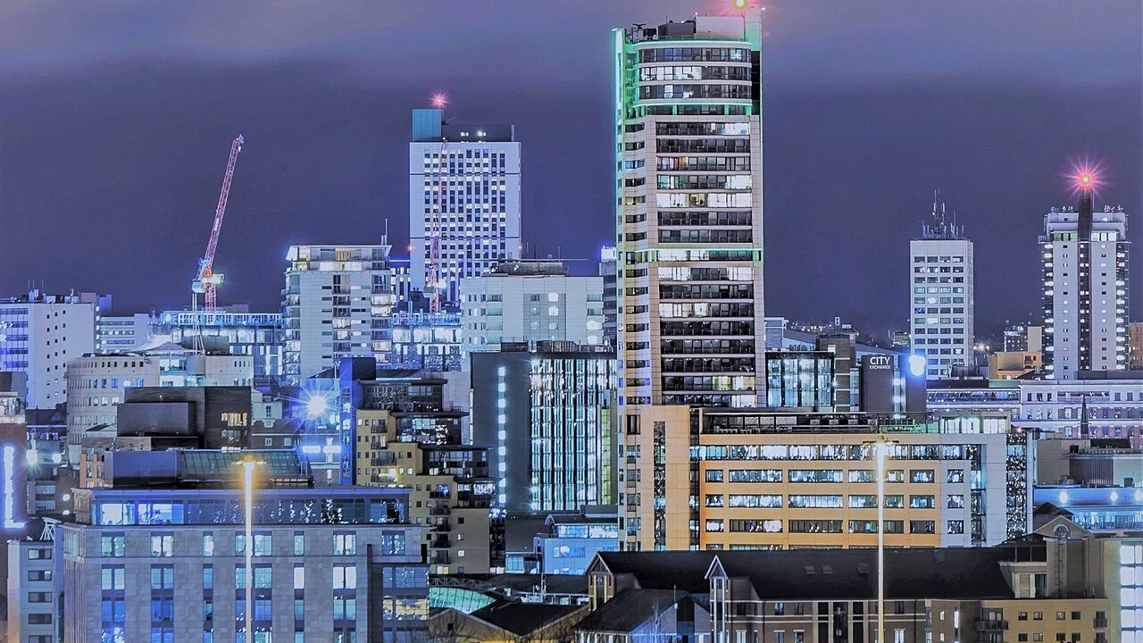 Central Leeds illuminated at night in 2017