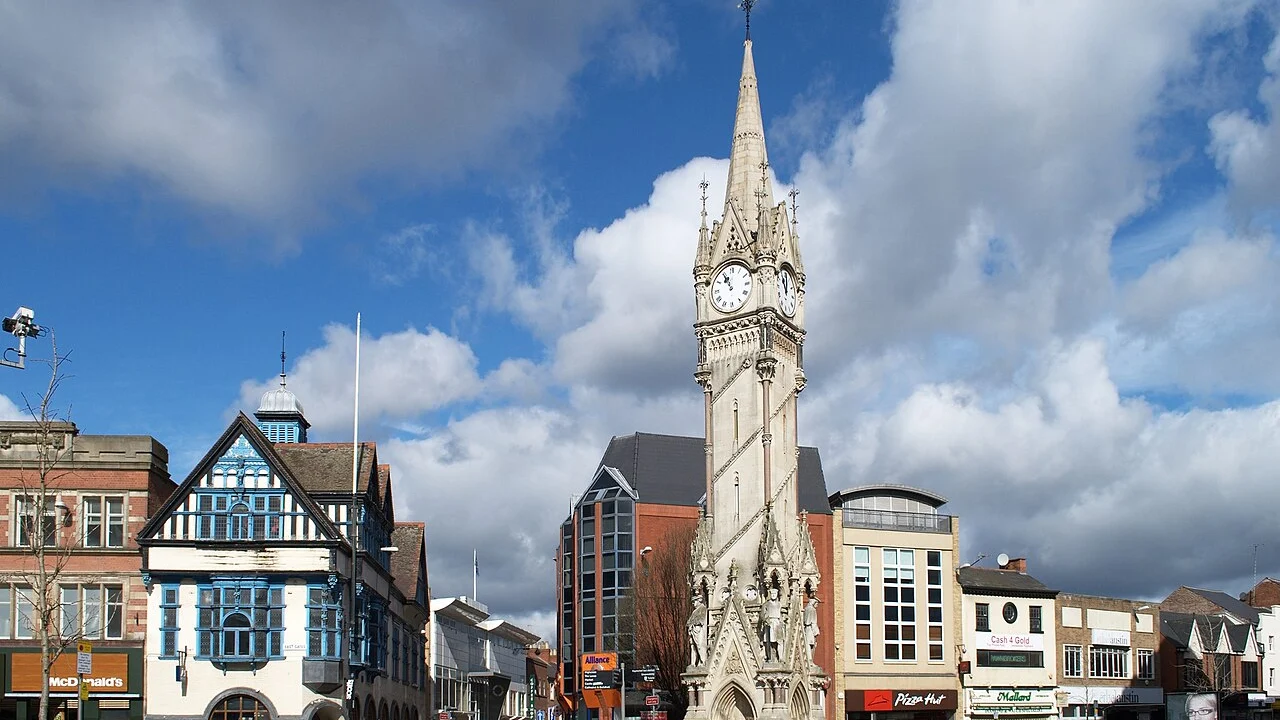 Leicester Clock Tower and surrounding city streets in 2010