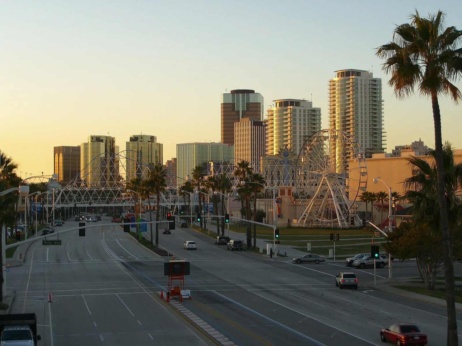Downtown Long Beach buildings and palm trees viewed along a waterfront road in 2008