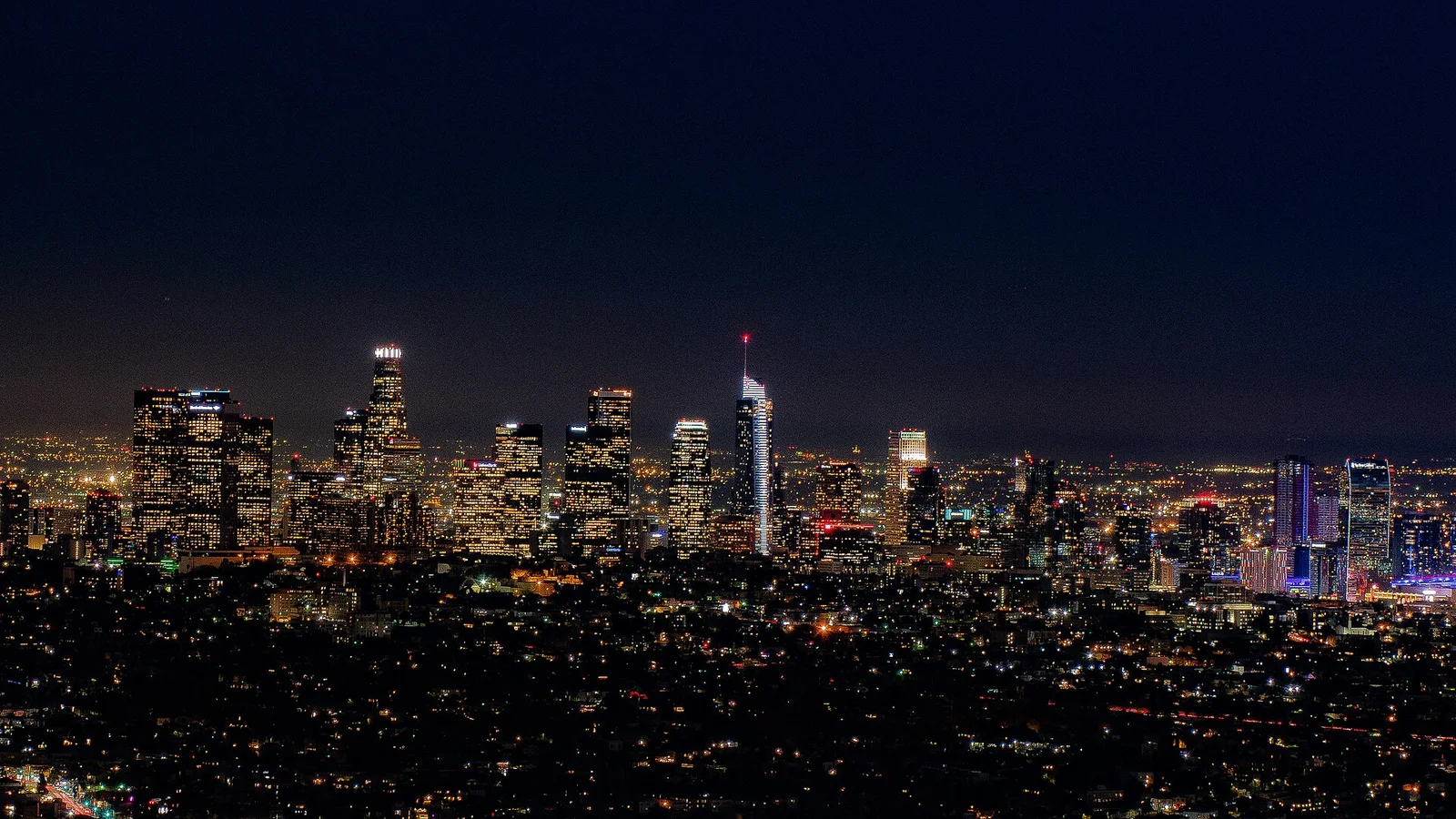 Downtown Los Angeles illuminated at night, viewed from Griffith Observatory in 2019