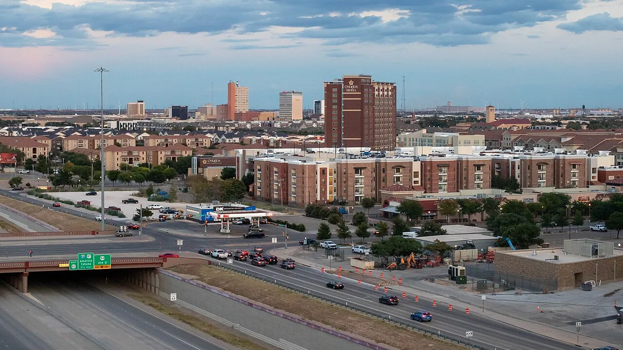Lubbock skyline at sundown viewed from Raider Park Garage in 2024