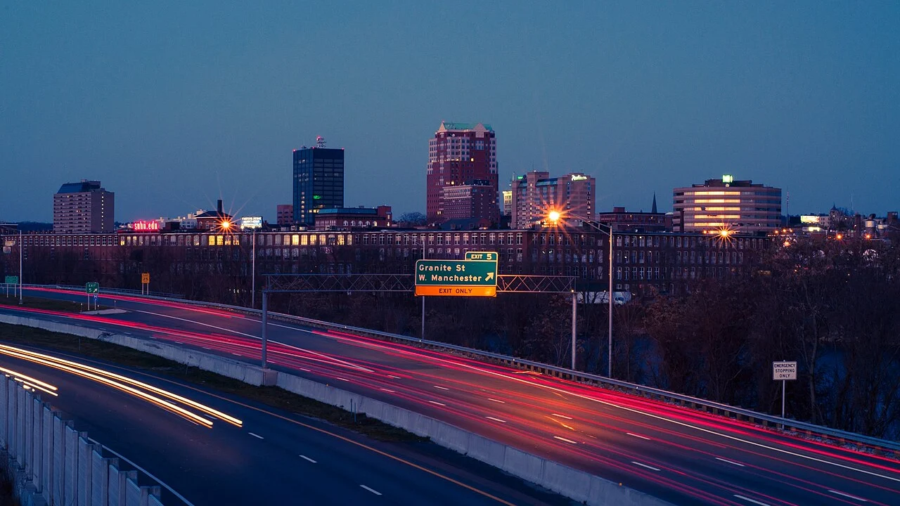 Manchester skyline illuminated at night in 2009