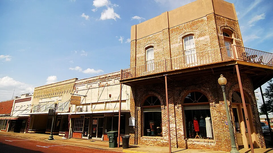 Brick storefronts in historic downtown Nacogdoches, Texas, photographed in 2009