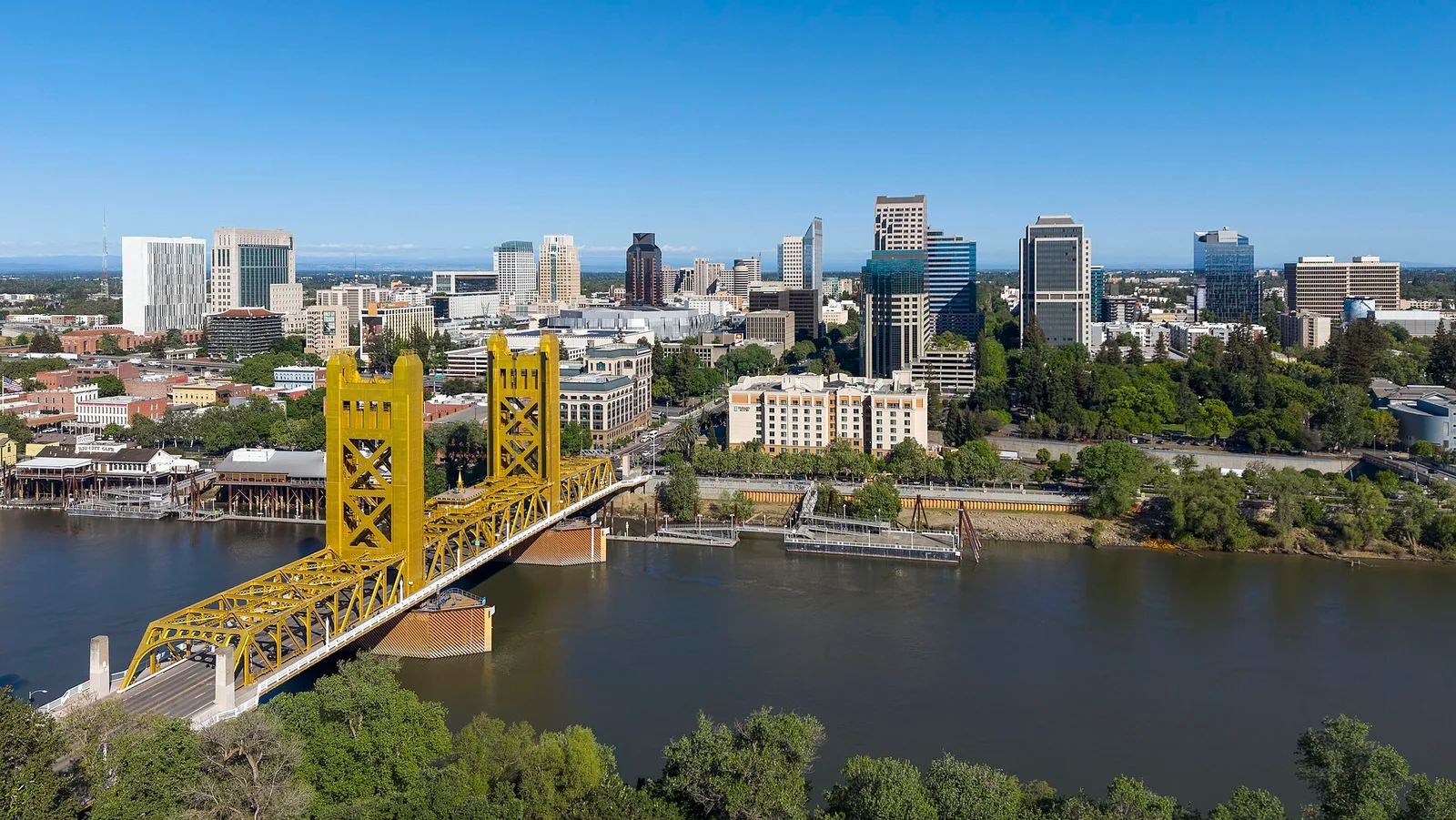Sacramento skyline and Tower Bridge across the river in April 2026