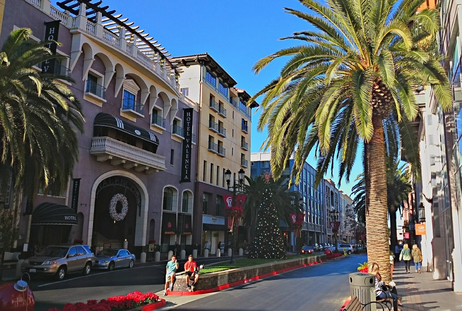Hotel Valencia and palm-lined Santana Row in San Jose in 2014
