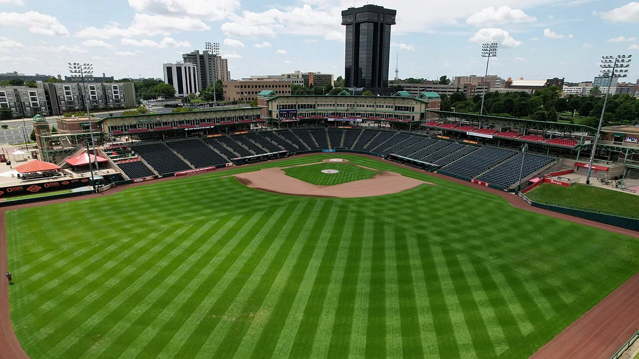 Downtown Springfield, Missouri, and the ballpark then known as Hammons Field, photographed in 2021