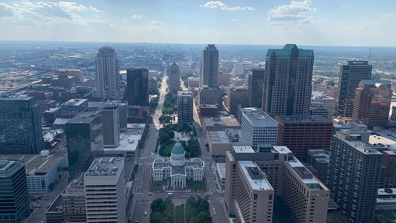 St. Louis skyline viewed from the Gateway Arch in June 2023