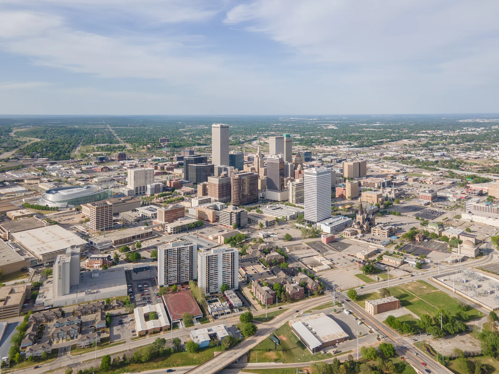 Aerial view of downtown Tulsa in April 2023