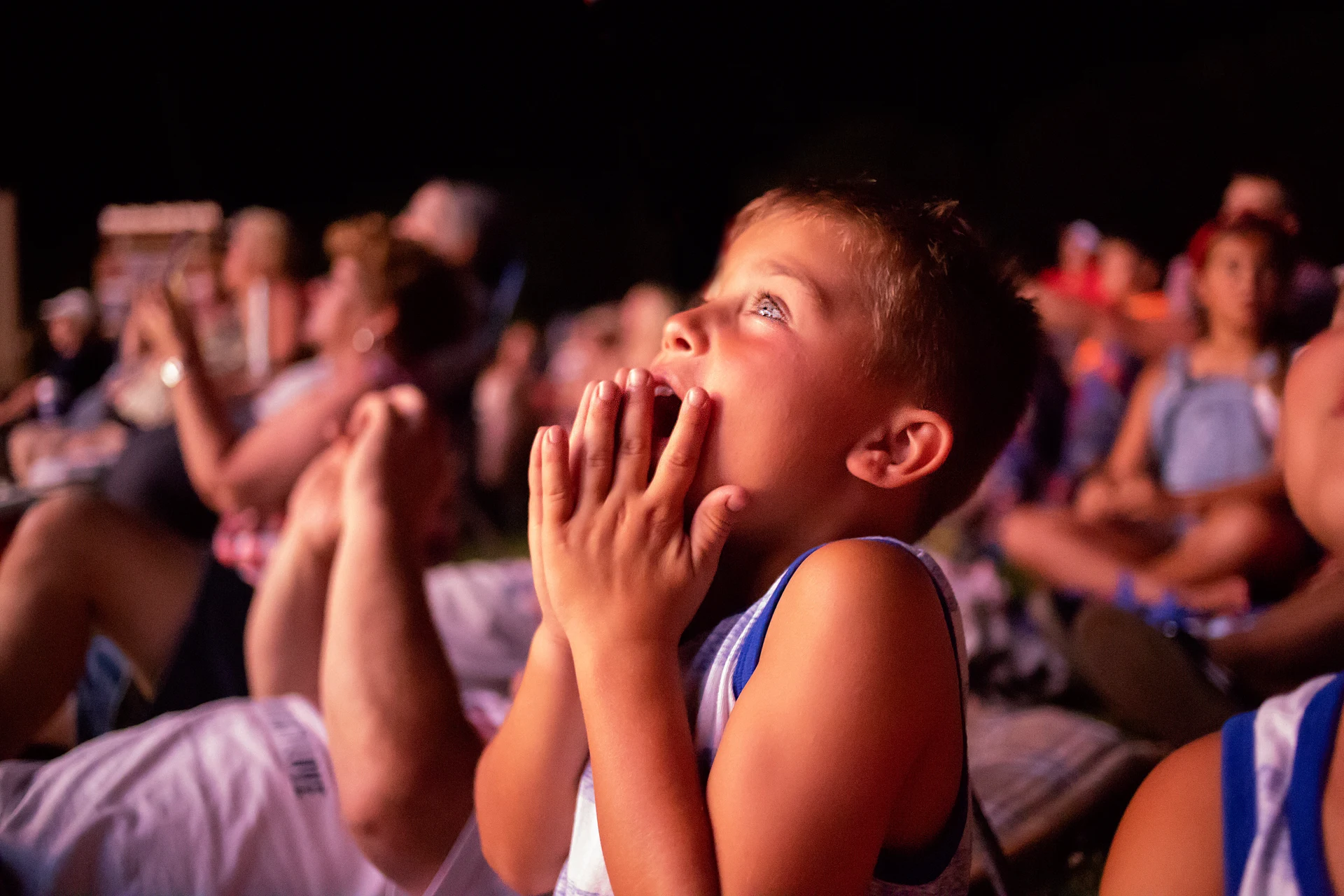 An excited child looking up with hands raised to their face among an audience at night