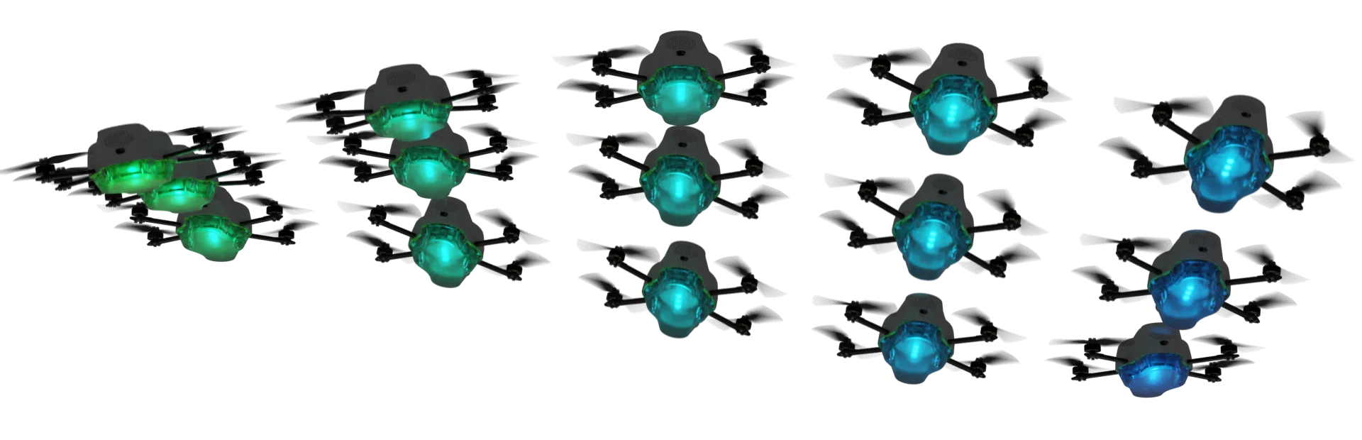 A fleet of Spectra drones in flight, lit from green to blue