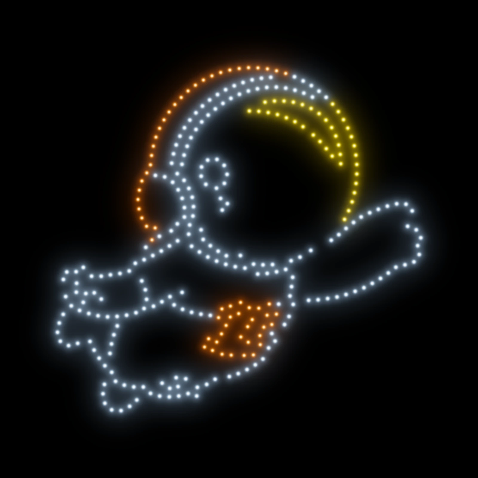 An astronaut drawn in the sky by glowing white, orange and yellow drone lights